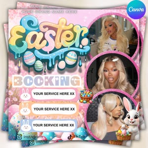 May include: Pink and pastel Easter-themed promotional flyer with the word "Easter" in colorful bubble letters. The flyer includes images of women, Easter eggs, and a bunny holding a basket. Text includes "Booking" and "Your Service Here XX."