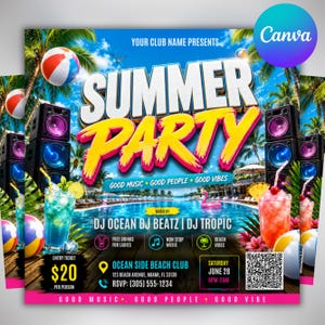 May include: A summer party event flyer featuring a swimming pool, palm trees, beach balls, and tropical cocktails. Text includes "SUMMER PARTY," "GOOD MUSIC GOOD PEOPLE GOOD VIBES," "DJ OCEAN DJ BEATZ | DJ TROPIC," "OCEAN SIDE BEACH CLUB," and "JUNE 28."
