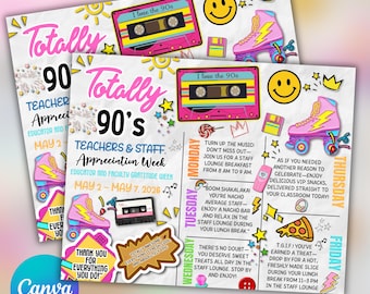 80s 90s Theme Teacher Appreciation Week Itinerary, Retro Throwback Old School Staff Schedule Events Printable, Employee EDITABLE TEMPLATE