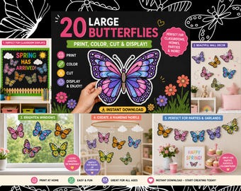 Printable Butterfly Craft Kit | 20 Large Butterflies | Color Cut & Display PDF