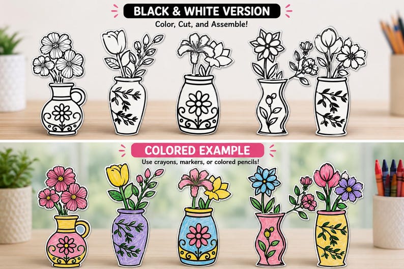May include: A set of paper cutouts featuring flower vases in black and white line art and a colored example version. The text reads BLACK & WHITE VERSION Color, Cut, and Assemble! and COLORED EXAMPLE Use crayons, markers, or colored pencils!