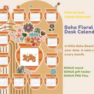 Afdrukbare boho bloemenbureaukalender met standaard en cadeauhouder - pdf en png-bestand: direct downloaden