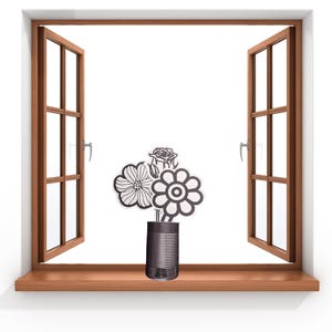 May include: A dark gray metal tin can serving as a vase, containing three distinct black and white line-art flower cutouts. The flowers feature varied petal shapes, including a rose-like bloom, a daisy-like flower, and a circular patterned blossom.
