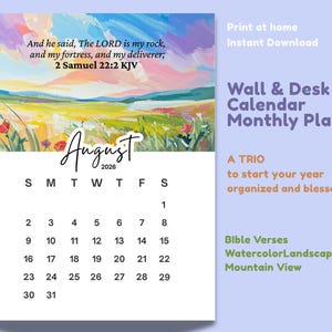 Bible Verse Calendar Planner 2026 – Christian Watercolor Mountain Theme (Printable)