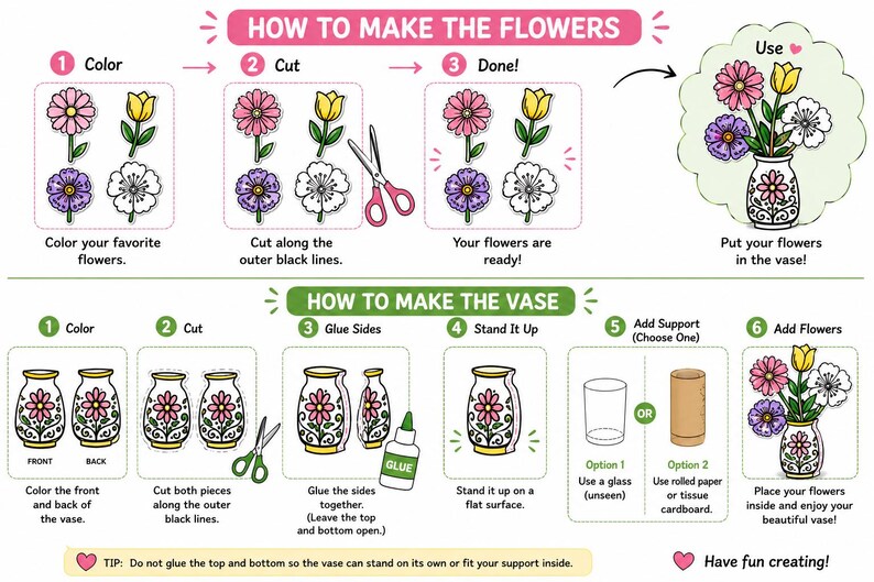 May include: An instructional graphic titled HOW TO MAKE THE FLOWERS and HOW TO MAKE THE VASE. It features step-by-step illustrations for coloring, cutting, and assembling paper flowers and a decorative vase, including icons of scissors and glue.