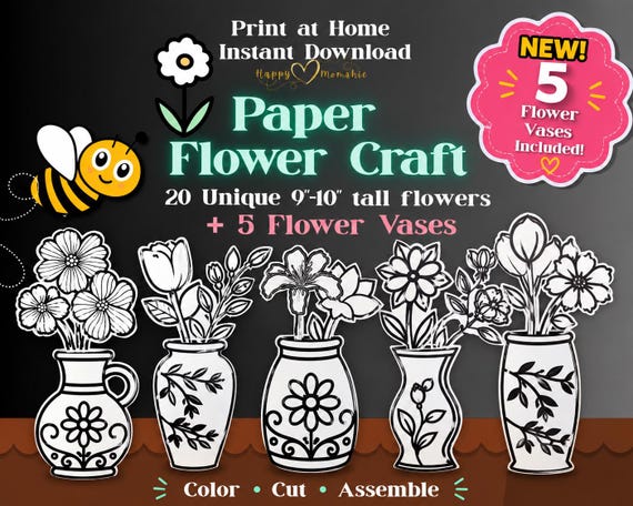 Printable Paper Flower Craft Kit | Kids Coloring Bouquet Template with flower vase (PDF Download)