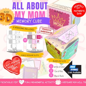 Könnte beinhalten: Ein druckbares Memory-Cube-Kit mit dem Text "All About My Mom". Enthält Mal- und vorgefärbte Versionen, zusätzliche Nachrichtenzettel und Video-Tutorials. Mit einem herzförmigen Siegel mit der Aufschrift "Gift for Mom Made with Love."