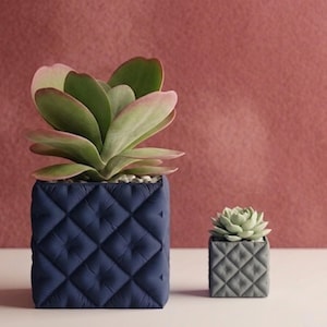 May include: Two square planters with succulents. The larger planter is navy blue with a quilted pattern, and the smaller one is gray. The succulents have green and pinkish leaves. The background is a textured, reddish-brown color.