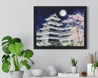 Affiche japonaise de château au clair de lune | Poster encadré horizontal, impression Sakura Night