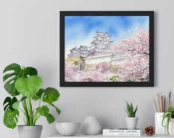 Poster encadré Château de fleurs de cerisier, art mural japonais Himeji printemps