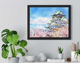 Poster encadré de fleurs de cerisier printanières du château d'Osaka, art mural Japon paisible