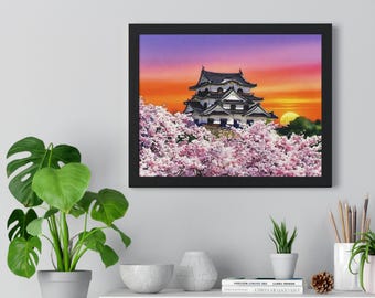 encadrée horizontale du château japonais de Hikone, avec des fleurs de cerisier | Déco murale coucher de soleil Sakura