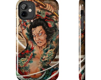 Coque de portable résistante tatouage guerrier japonais, dragon samouraï