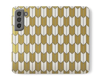 May include: A phone case featuring a repeating pattern of gold and white arrow-like shapes. The case has a gold camera module on the upper left corner. The design is symmetrical and covers the entire surface of the case.