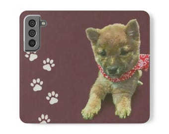 Étui pour téléphone à rabat avec imprimé pattes de chiot, Shiba Inu avec bandana