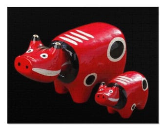 赤べこ - 磁器製の赤い牛の置物、牛の置物、ヴィンテージの日本の民芸