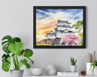 Aquarelle horizontale encadrée japonaise du château d'Odawara | Décoration murale fleurs de cerisier Sakura