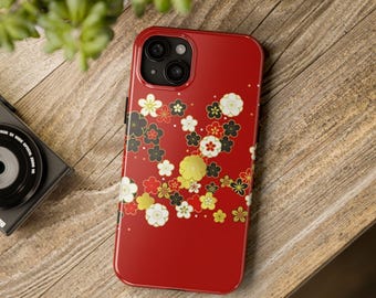 Coque de portable robuste Floral Plum Blossom, rouge, housse de protection d'inspiration japonaise
