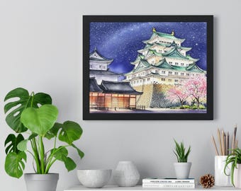 encadrée horizontale de château japonais la nuit | Fleurs de cerisier, ciel étoilé