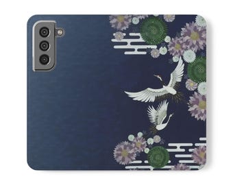 Japanese Crane - Étui à rabat pour téléphone portable à fleurs bleu marine avec fentes pour cartes