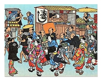 Vintage Ukiyo-e Street Scene Jigsaw Puzzle with Tin   Japanese Woodblock Art Puzzle