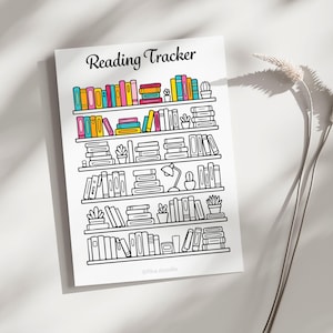 Bookshelf Reading Tracker Printable Displayed in Aesthetic Desk Mockup – Printable Reading Tracker Page Featuring Bookshelf Design to Track Reading Progress and Books Read. Color-In Reading Log Page Perfect for Bullet Journals, Book Journals and Reading Planners. Included in Reading Journal Printable Bundle in A4, A5 and US Letter Sizes for Easy Home Printing.