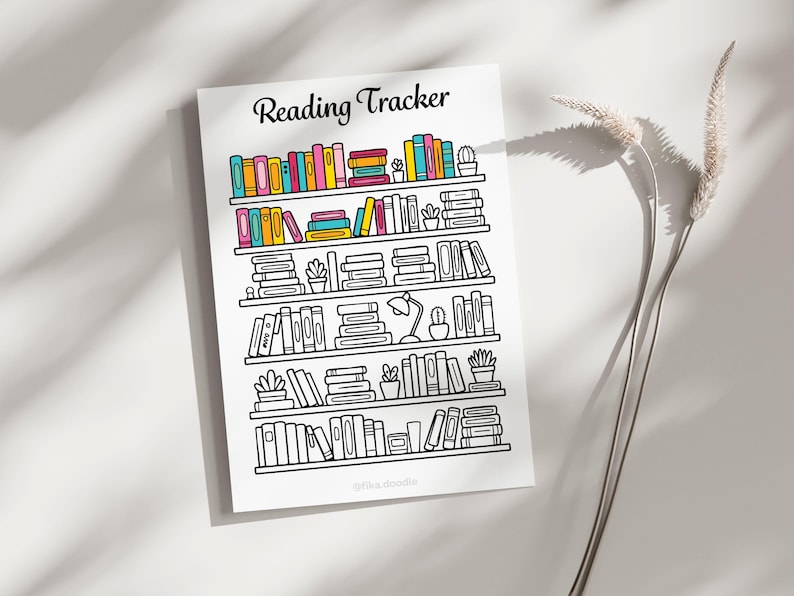 Bookshelf Reading Tracker Printable Displayed in Aesthetic Desk Mockup – Printable Reading Tracker Page Featuring Bookshelf Design to Track Reading Progress and Books Read. Color-In Reading Log Page Perfect for Bullet Journals, Book Journals and Reading Planners. Included in Reading Journal Printable Bundle in A4, A5 and US Letter Sizes for Easy Home Printing.
