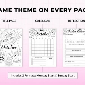 May include: Black and white Halloween-themed planner pages. The title page features a witch flying on a broom, a pumpkin, and a ghost. The calendar page has a grid for the month of October. The reflection page includes prompts for review.