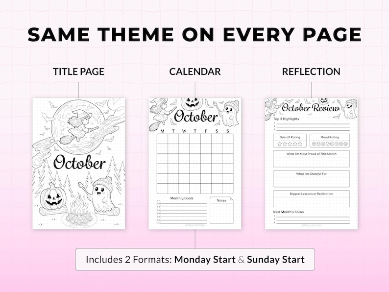 May include: Black and white Halloween-themed planner pages. The title page features a witch flying on a broom, a pumpkin, and a ghost. The calendar page has a grid for the month of October. The reflection page includes prompts for review.