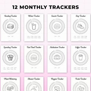 Monthly habit tracker printable pages for a 2026 bullet journal kit, showing 12 circular monthly trackers including reading, water intake, sweets, steps, spending, fast food, meditation, coffee, plant watering, shower, veggies, and fruit trackers. Minimalist black and white bullet journal printables designed for A4 and A5 planner and journal inserts.