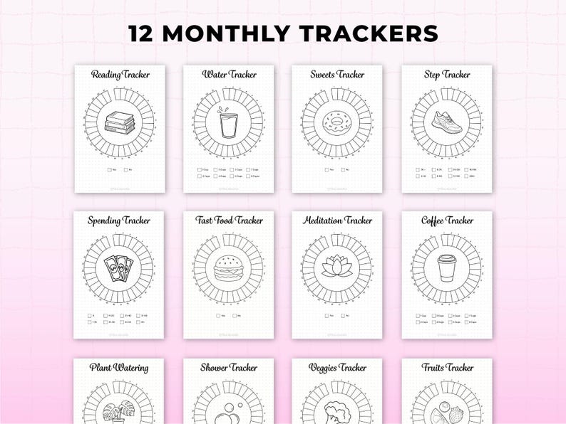Monthly habit tracker printable pages for a 2026 bullet journal kit, showing 12 circular monthly trackers including reading, water intake, sweets, steps, spending, fast food, meditation, coffee, plant watering, shower, veggies, and fruit trackers. Minimalist black and white bullet journal printables designed for A4 and A5 planner and journal inserts.