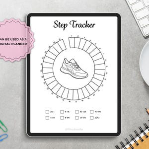 Step tracker printable page displayed on a tablet, showing a circular daily step tracking layout with progress segments and goal ranges. Can be used as a digital planner page or printed for a bullet journal. Minimalist black and white step tracker designed for fitness and habit tracking, suitable for A4 and A5 sizes.