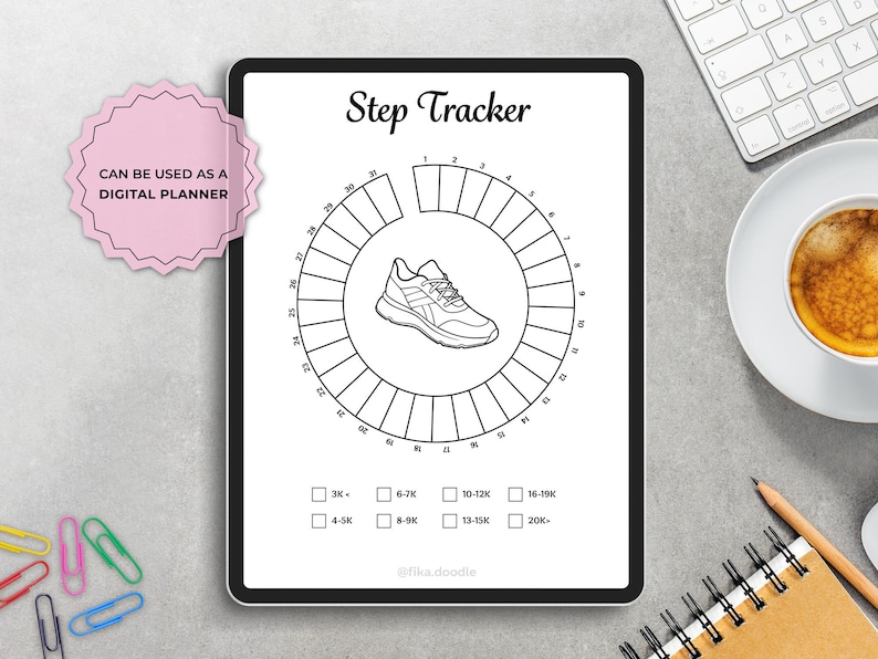 Step tracker printable page displayed on a tablet, showing a circular daily step tracking layout with progress segments and goal ranges. Can be used as a digital planner page or printed for a bullet journal. Minimalist black and white step tracker designed for fitness and habit tracking, suitable for A4 and A5 sizes.