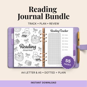 Utskrivbar läsdagbok | Bokspårningsplanerare i PDF-format | Läslogg, läslista, bokrecension, läsutmaning | Digital nedladdning i A4 A5