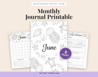 Juni Planer-Deckblatt Set, Kalender, Monat auf einen Blick, A4/A5/Letter, Instant Download