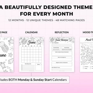 2026 journal bundle printable featuring themed monthly pages including title page, calendar, reflection page, and mood tracker in A4 and A5 sizes