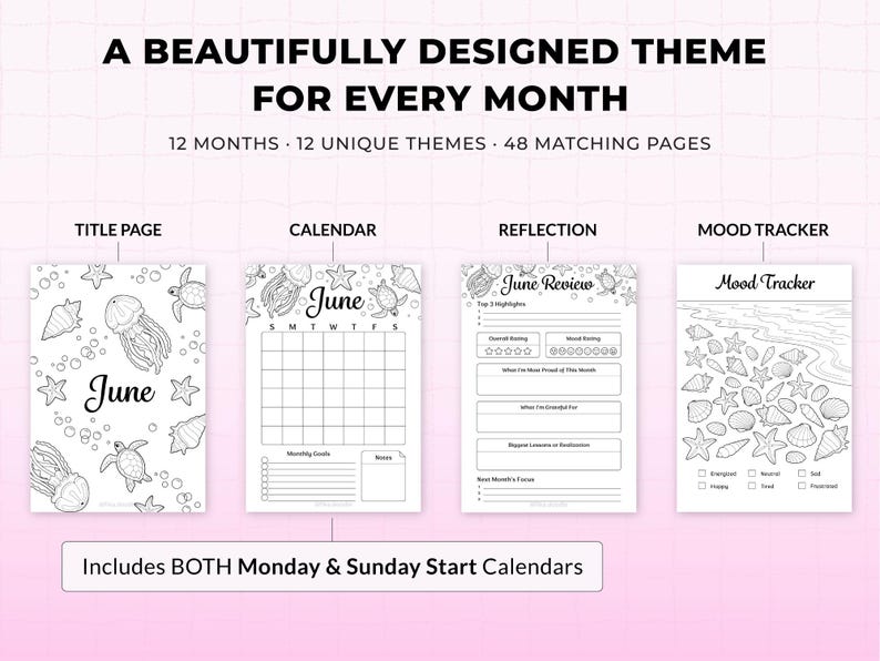 2026 journal bundle printable featuring themed monthly pages including title page, calendar, reflection page, and mood tracker in A4 and A5 sizes