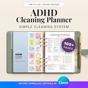 Puede incluir: Un planificador verde con el texto "ADHD Cleaning Planner" y "Simple Cleaning System". El planificador incluye un programa de limpieza con listas de verificación coloridas e iconos. Un bolígrafo dorado está insertado en el planificador. El planificador tiene más de 100 páginas.
