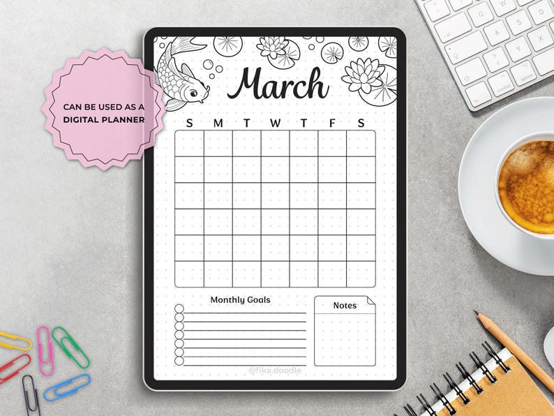 March Planner Set, Koi Fish Theme, A4 A5 Printable (Digital Download) image 7