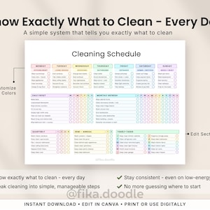 Customizable ADHD cleaning schedule printable PDF with daily, weekly, monthly, quarterly, and yearly cleaning routines designed to help overwhelmed adults know exactly what to clean every day. Includes editable cleaning sections, customizable colors, ADHD-friendly home management systems, and printable cleaning checklists to reduce decision fatigue and maintain consistent routines.