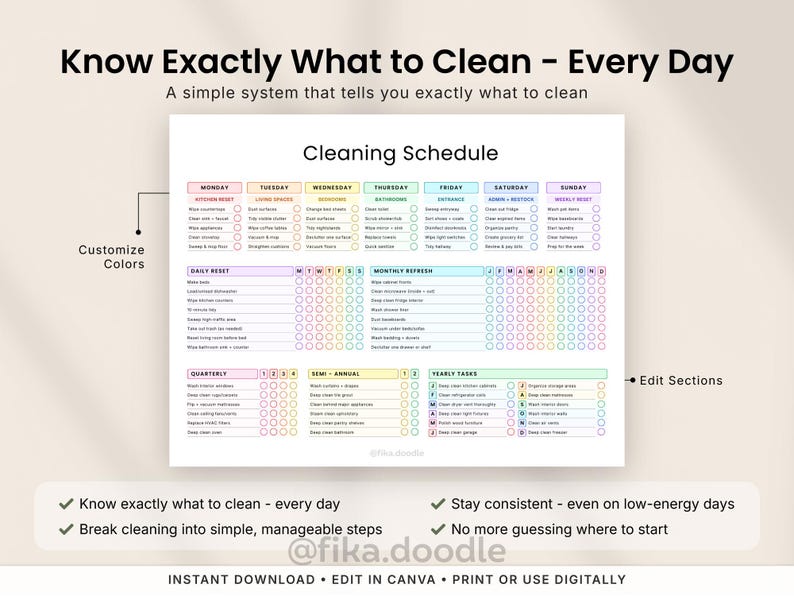 Customizable ADHD cleaning schedule printable PDF with daily, weekly, monthly, quarterly, and yearly cleaning routines designed to help overwhelmed adults know exactly what to clean every day. Includes editable cleaning sections, customizable colors, ADHD-friendly home management systems, and printable cleaning checklists to reduce decision fatigue and maintain consistent routines.