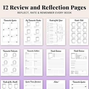 Reading journal printable with 12 review and reflection pages including favourite quotes, my favourite books, book of the year tracker, book club tracker, favourite podcasts, favourite authors, detailed book review pages, book of the month, quotes from literature and notes pages, book tracker planner bundle A4 A5 PDF