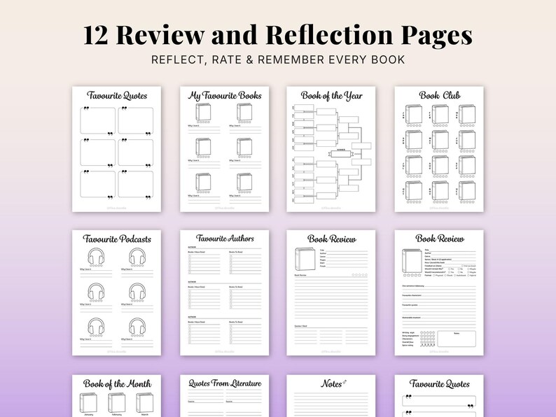 Reading journal printable with 12 review and reflection pages including favourite quotes, my favourite books, book of the year tracker, book club tracker, favourite podcasts, favourite authors, detailed book review pages, book of the month, quotes from literature and notes pages, book tracker planner bundle A4 A5 PDF