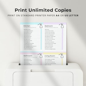 Printable cleaning cards that can be printed unlimited times at home on standard printer paper. Includes editable Canva cleaning checklist cards in A4 and US Letter formats with room-by-room cleaning tasks, instant download access, and reusable household cleaning routines.
