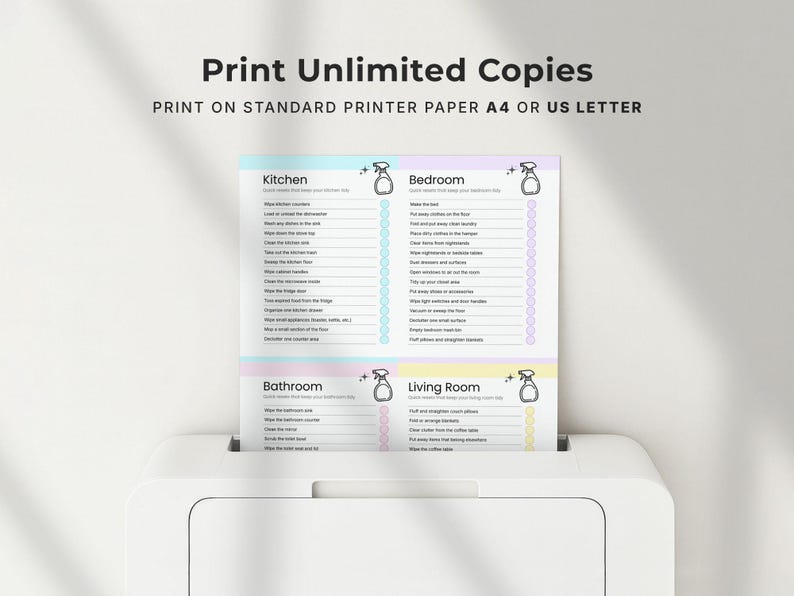 Printable cleaning cards that can be printed unlimited times at home on standard printer paper. Includes editable Canva cleaning checklist cards in A4 and US Letter formats with room-by-room cleaning tasks, instant download access, and reusable household cleaning routines.