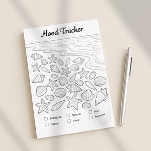 Mood tracker page from a 2026 printable planner bundle shown in a lifestyle mockup, featuring a black and white ocean themed design with daily mood checkboxes, planner and bullet journal printable mood tracker suitable for A4 Letter and A5 sizes, instant digital download