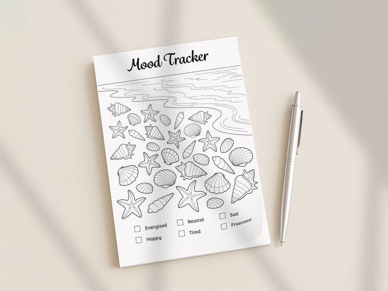 Mood tracker page from a 2026 printable planner bundle shown in a lifestyle mockup, featuring a black and white ocean themed design with daily mood checkboxes, planner and bullet journal printable mood tracker suitable for A4 Letter and A5 sizes, instant digital download