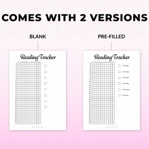 Op de afbeelding: Twee witte leestracker-sjablonen met de tekst "COMES WITH 2 VERSIONS". E&eacute;n is leeg, de andere is vooraf ingevuld. Elk heeft een raster voor het volgen van boeken, met bovenaan de titel "Reading Tracker".