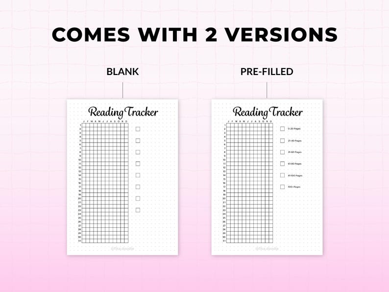 Op de afbeelding: Twee witte leestracker-sjablonen met de tekst "COMES WITH 2 VERSIONS". E&eacute;n is leeg, de andere is vooraf ingevuld. Elk heeft een raster voor het volgen van boeken, met bovenaan de titel "Reading Tracker".