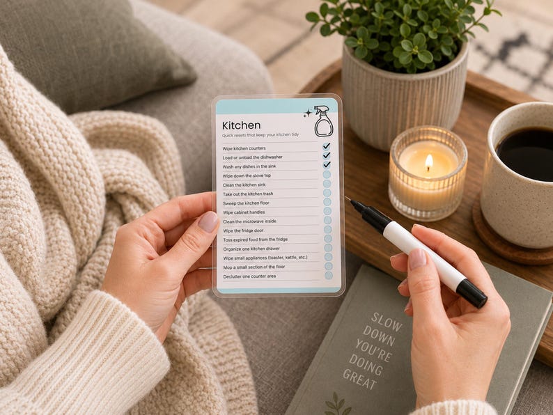 Reusable laminated cleaning card with dry-erase checkmarks and marker. ADHD-friendly room-by-room cleaning checklist helps break household chores into manageable tasks. Printable cleaning cards are editable in Canva, can be laminated and wiped clean, and support simple daily cleaning routines and home organization.